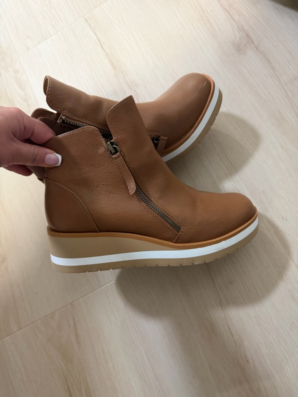 Maurices Tan Wedge Ankle Boots with Side Zip